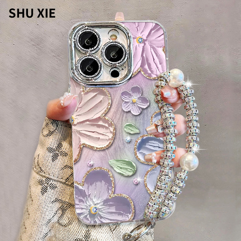 油画花朵适用苹果15promax手机壳夏天小清新14pro女款带手链高级感13全包镜头iphone12新款散热plus小众11套