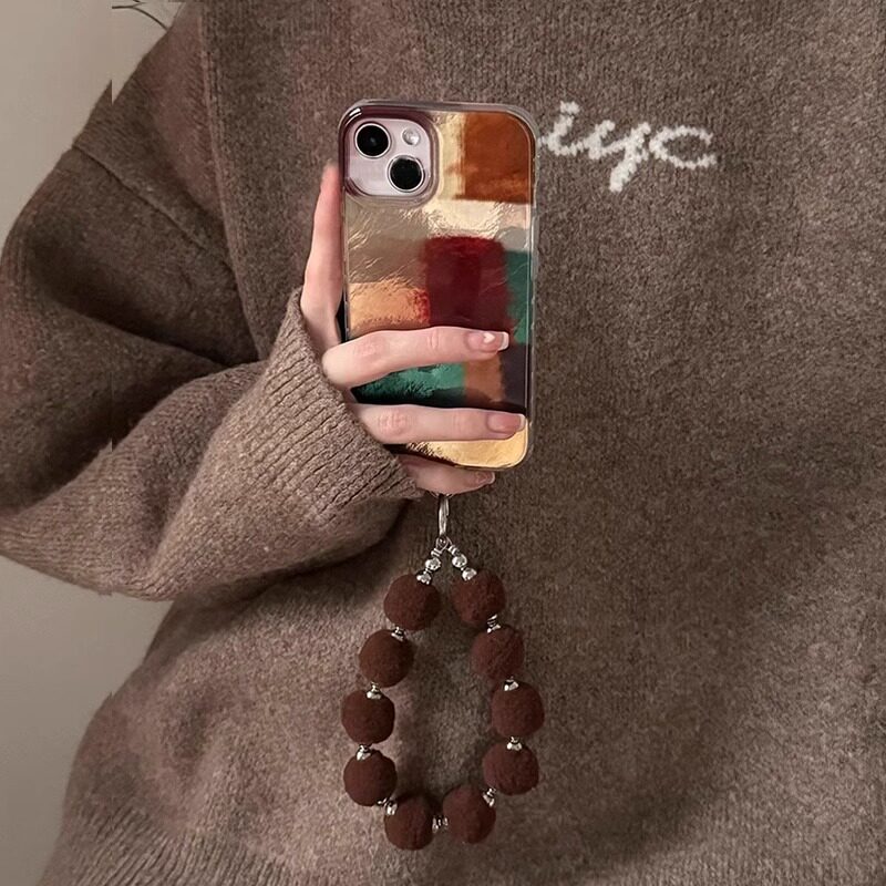 美拉德撞色拼接适用苹果16promax手机壳秋冬高级感iphone15复古小众女款14新款带挂绳保护套13pro防摔毛线ins