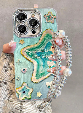 油画风适用苹果15promax手机壳绿色iphone14新款带手链13小众高级感12爆款保护套plus夏天女款11硅胶15PM外壳