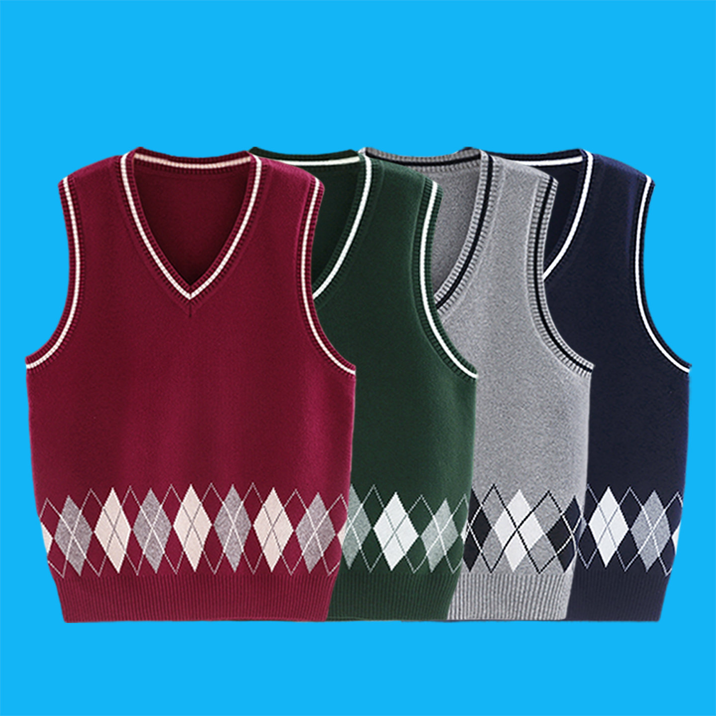 儿童英伦棉春秋格子学生菱形马甲