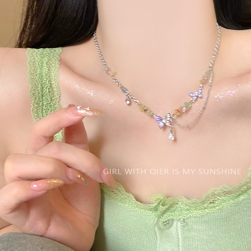 彩色蝴蝶天然石项链女生夏天甜酷