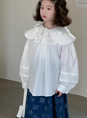 女孩子韩系童装春款新款衣服女童衬衫花朵娃娃衫白色衬衣宝宝上衣
