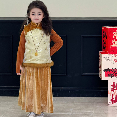 2025冬季新款童装 新中式童装 女童丝绒拼色镶毛棉马甲 旗袍上衣