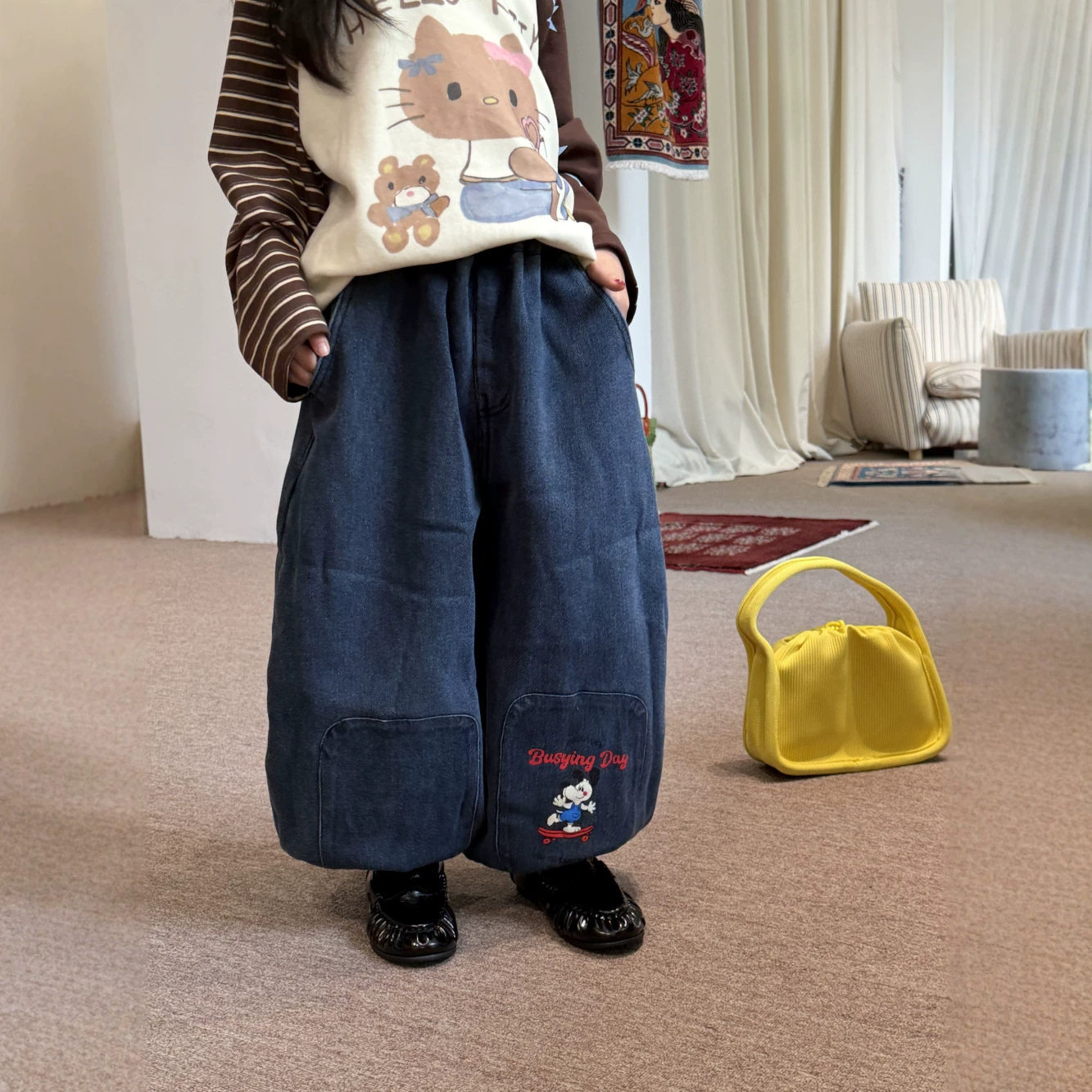 末小蒙童裤冬季男童女童卡通字母休闲灯笼裤儿童百搭加绒牛仔裤