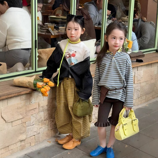 波拉韩国童装2026春季新款女童条纹polo衫insT恤搭配阔腿裤童套装