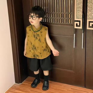 汉服男童夏季2025新款新中式醋酸缎面马甲儿童国风单排扣立领背心