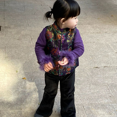 2025冬季新款童装 新中式旗袍上衣 儿童提花立领夹棉旗袍上衣马甲