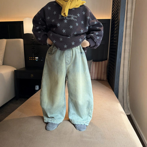 2026冬季新款韩版儿童加绒牛仔弯刀裤男女童百搭休闲复古牛仔裤潮
