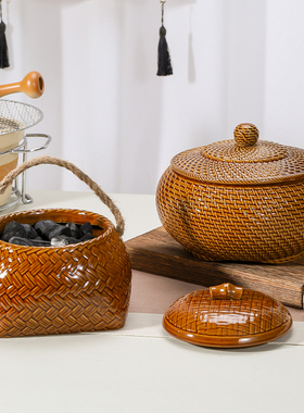 潮汕中式复古家用陶瓷仿竹炭钵手提炭篮子提梁木炭核桃炭碳炉碳盆