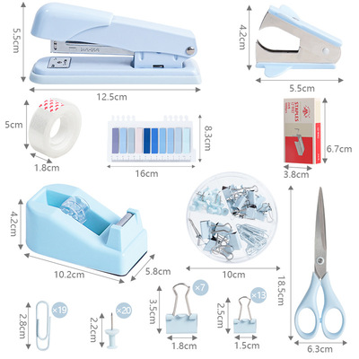 Desktop office stationery blue set stapler办公文具套装订书机