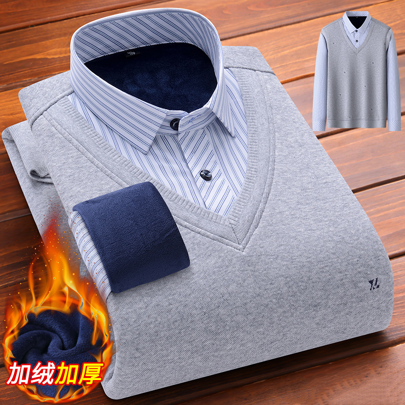 保罗套头假两件保暖衬衫针织衫