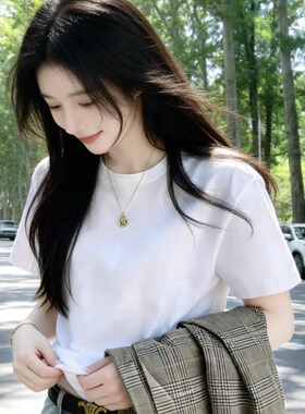 夏季白色正肩圆领短袖t恤女2026新款慵懒风宽松修身短款上衣0519z