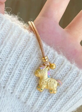 描金可爱小马黄金色珐琅马上有钱DIY挂坠长款项链女吊坠毛衣链款