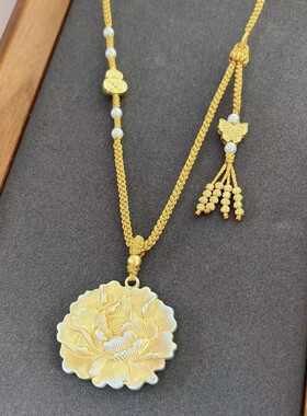 描金牡丹花蝴蝶葫芦手工编绳长款项链女吊坠配饰女士饰品毛衣链款