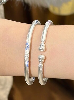 香炉紫烟葫芦头繁花新中式珐琅彩福禄国风花朵旋纹手镯镀纯银手饰