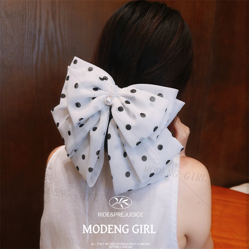 【波点派对】黑白大号蝴蝶结发夹水晶镶钻丝质弹簧夹公主头发饰