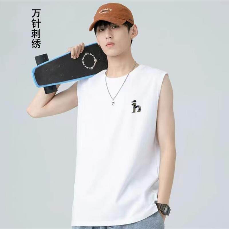 万针刺绣夏季新款潮流时尚男女款舒适迪桑棉短袖圆领无袖T恤构