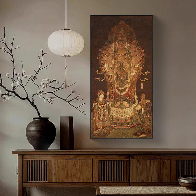 千手观音画像客厅装饰画茶室中堂佛像挂画复古宋画敦煌壁画彷古画