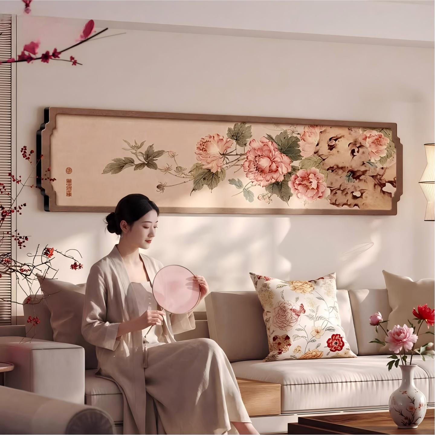花开富贵客厅装饰画宋氏美学花卉沙发背景墙挂画2026新款横版壁画