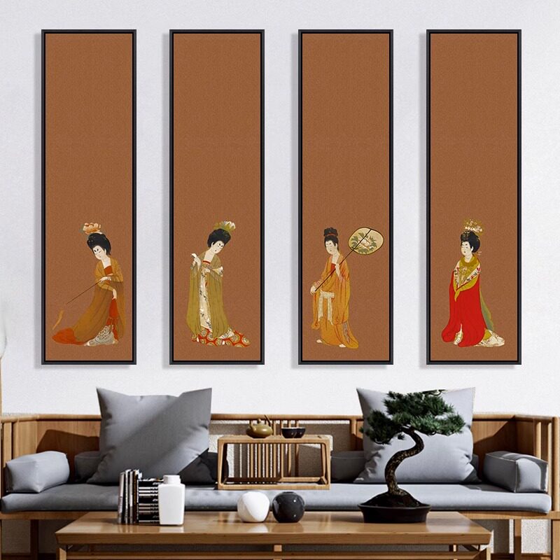 簪花仕女图挂画唐代古风美女装饰画新中式客厅竖版餐厅茶室壁画