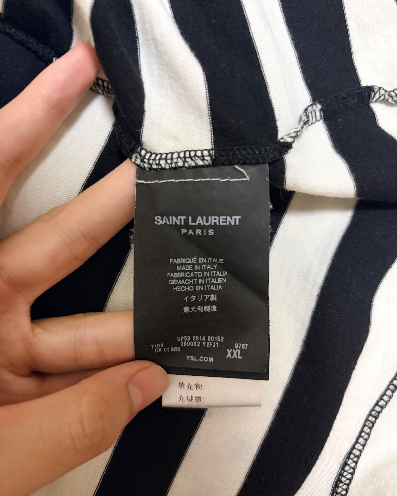 Saint Laurent SLP 14FW Diagonal Striped Tee — label