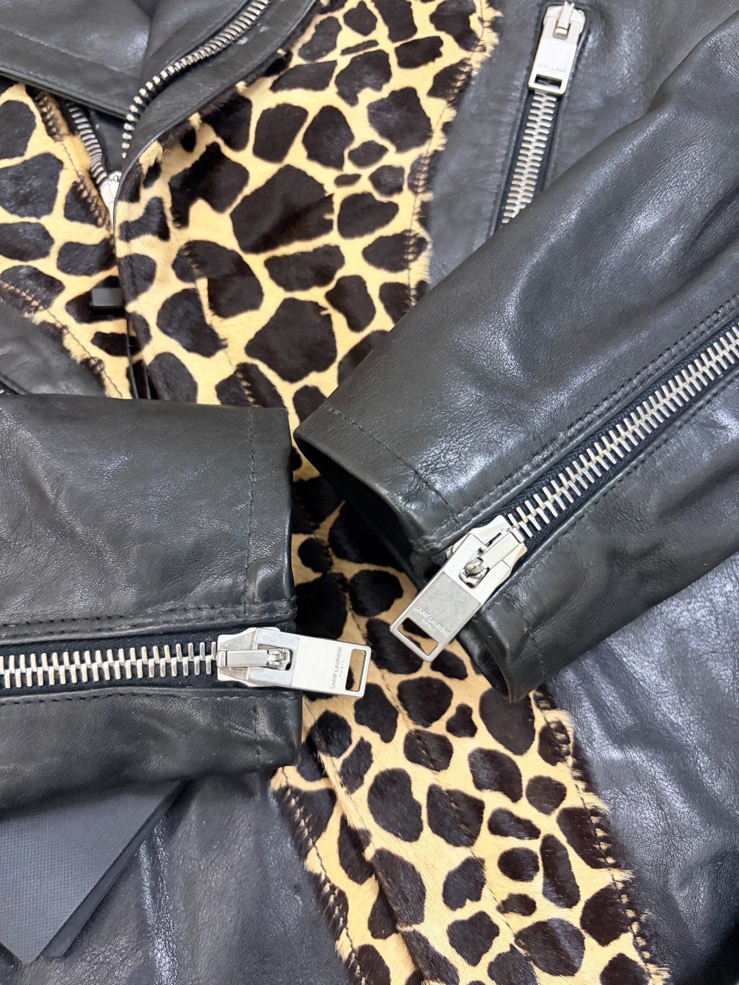 Saint Laurent Leopard Horsehair Biker Jacket — detail