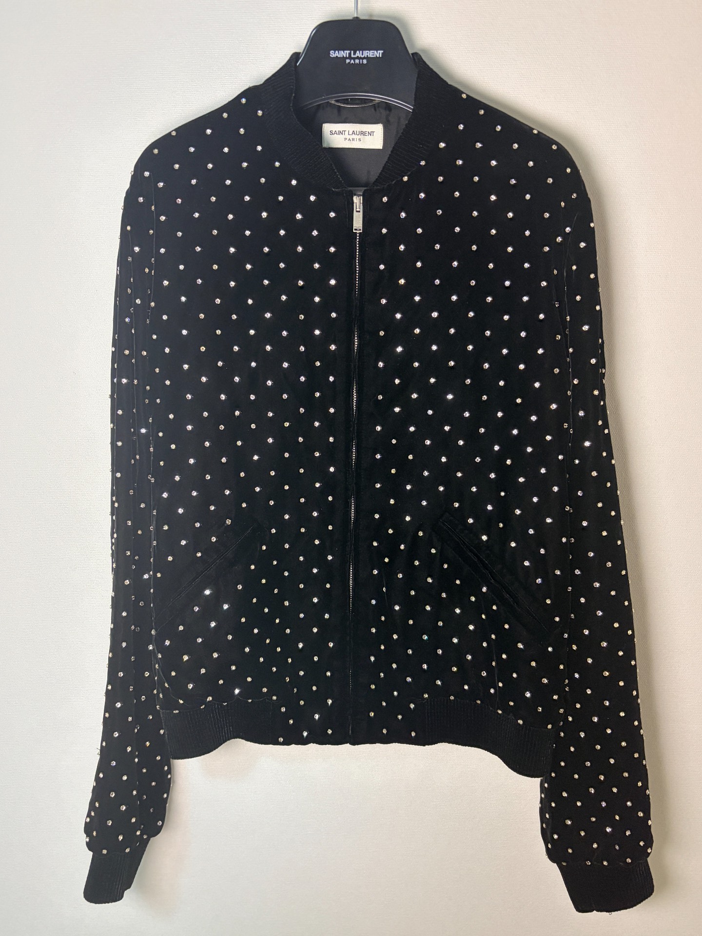 Saint Laurent Black Velvet Rhinestone Bomber — front