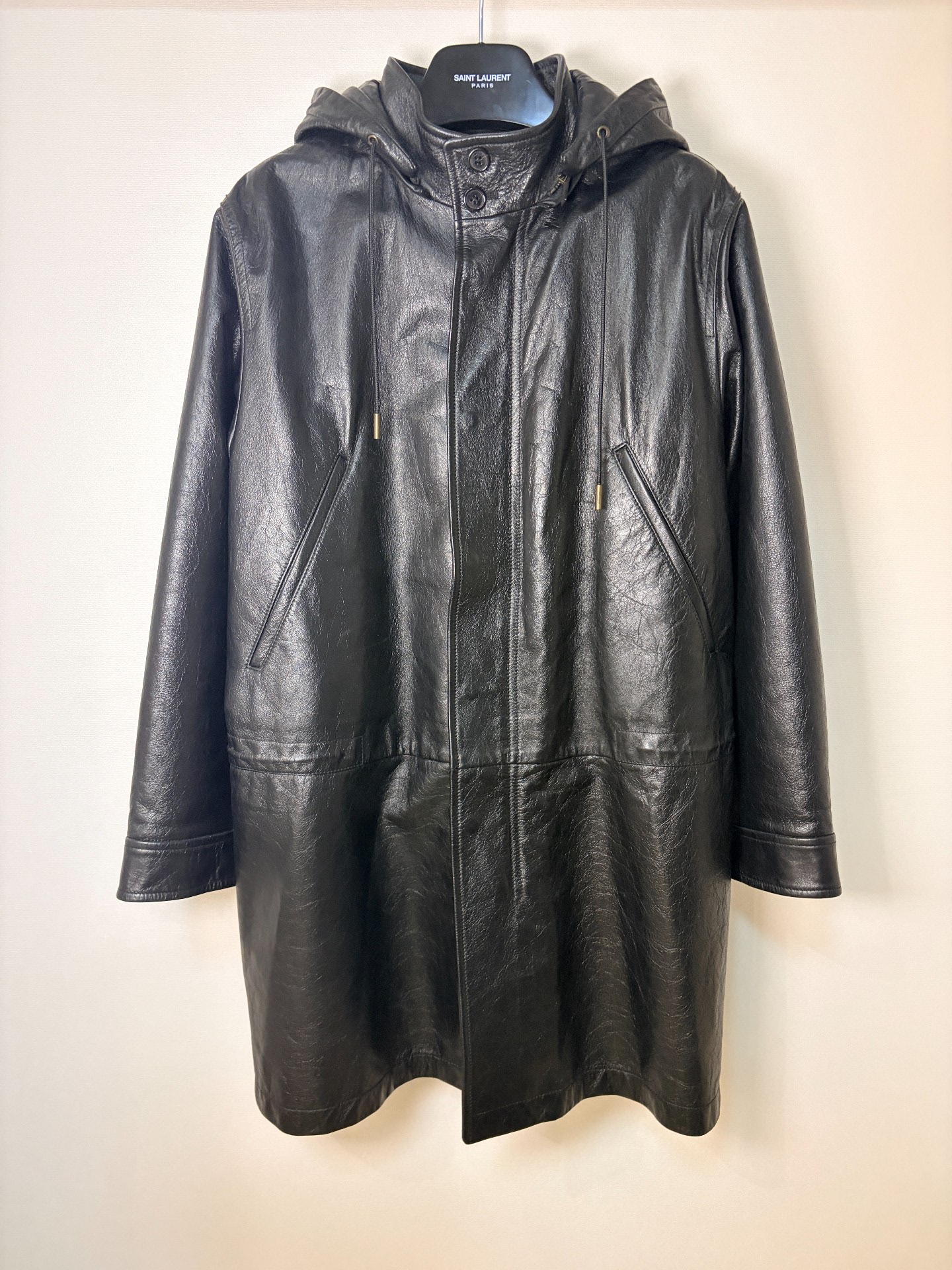 Saint Laurent Leather Trench Coat with Hood