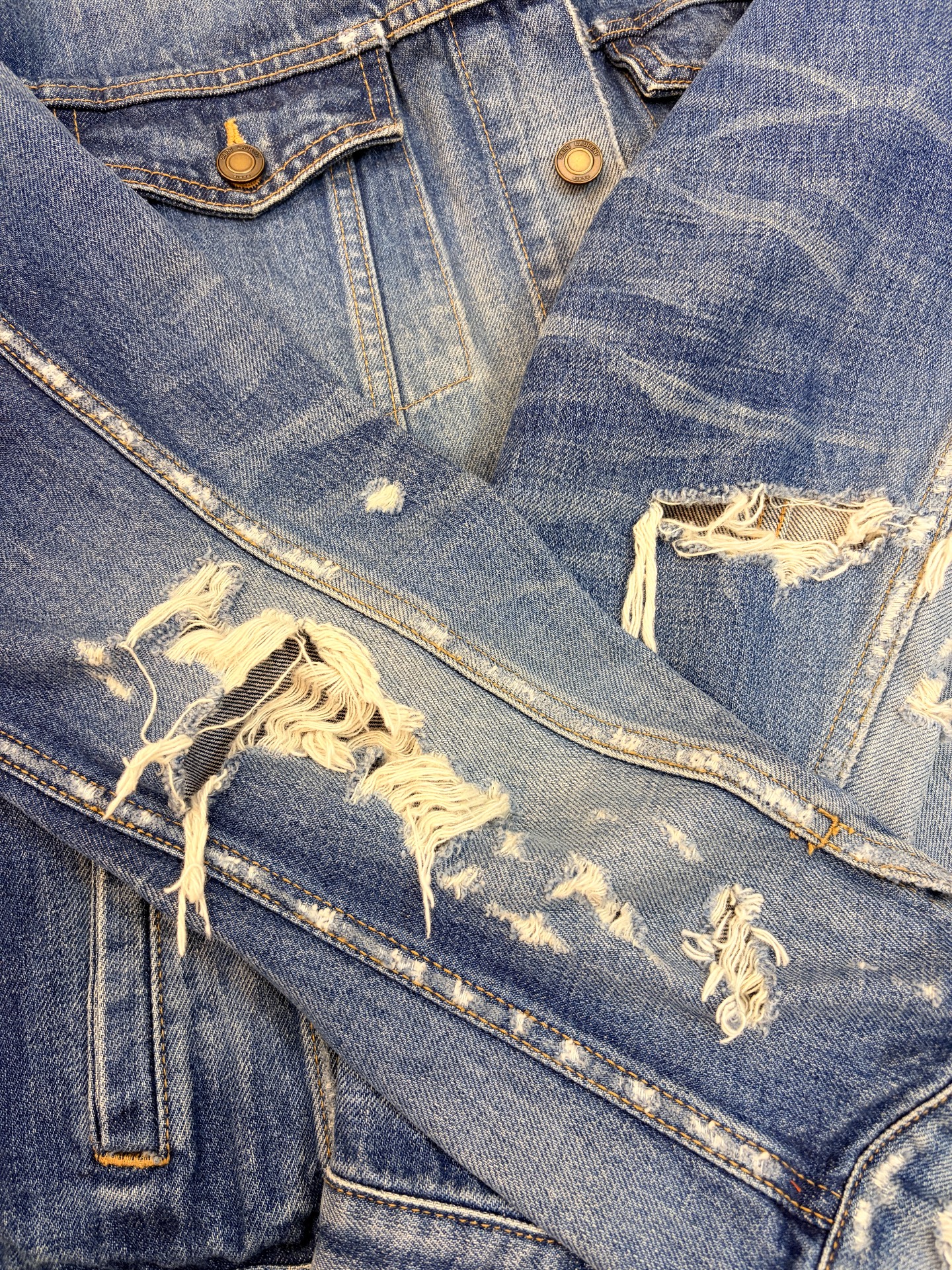 Saint Laurent Distressed Blue Denim Jacket — detail