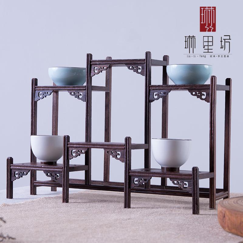 红木鸡翅木高低多宝架博古架紫砂壶底座茶具架办公桌盆景摆件底座图片