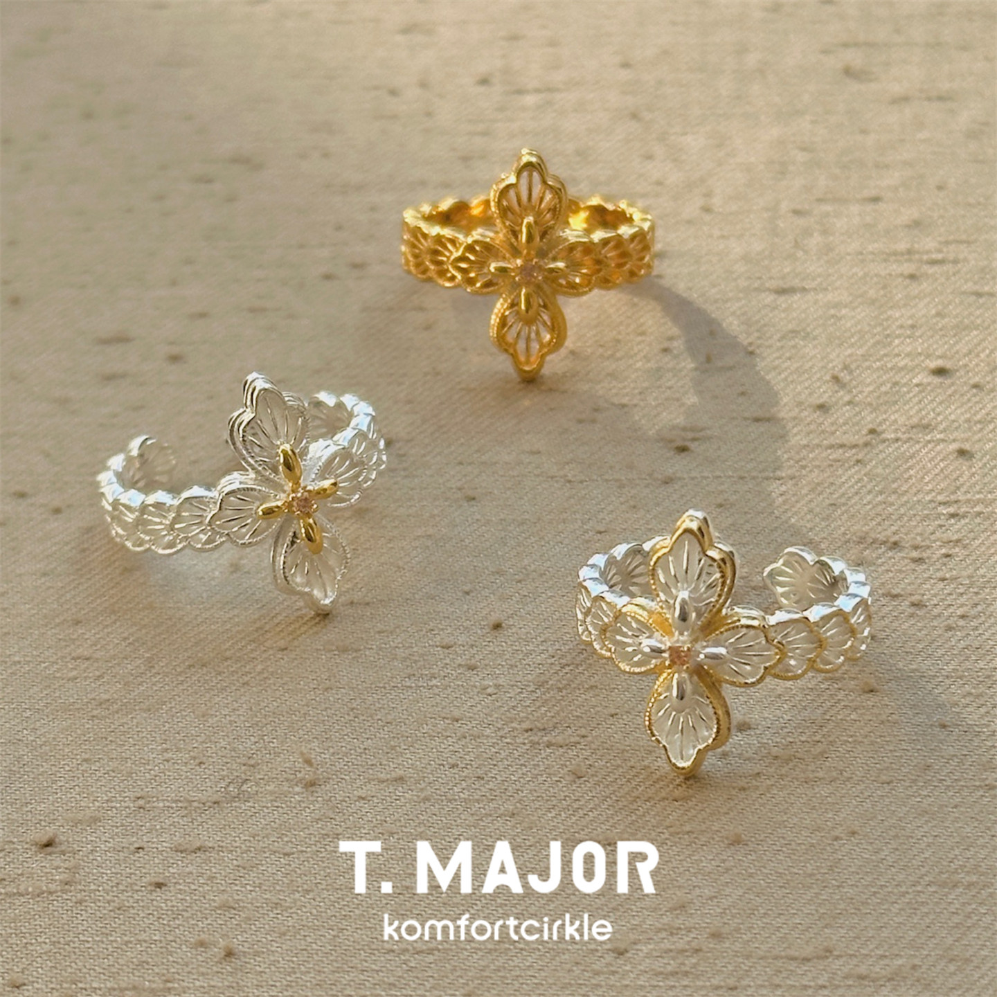 T.MAJOR Solora镂空拉丝雕纹双色开口戒指十字花可调节指环叠搭图片