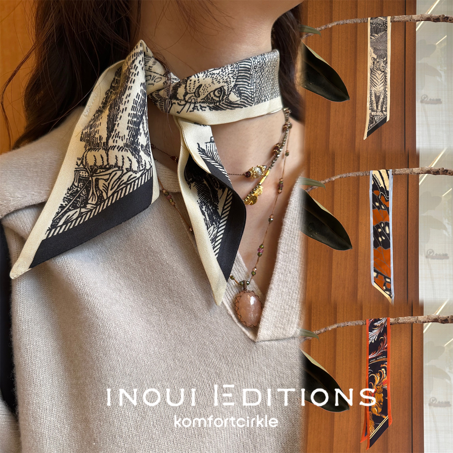 INOUI EDITIONS 5*67twilly丝巾 真丝双面印花长条系脖绑包飘带