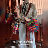 新款 MAISON BADIGO 麂皮长侧流苏单肩斜挎包法国手工编织NAVAJO