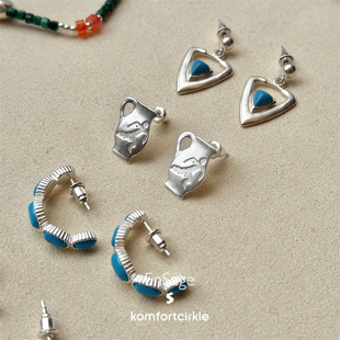 ENSAGE 25春夏 纯银绿松石三角形耳环雕刻酒壶耳钉度假民族质感