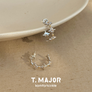T.MAJOR Stellora星华双色点缀耳环 925银锆石十字星C形休闲耳圈