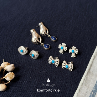 ENSAGE/APT702 十字花小蓝结图腾蓝印耳钉 泪珠耳环 925银绿松石