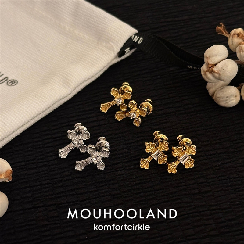 Mouhooland暮后之地 蕾丝扇形十字架耳钉原创设计小众优雅气质