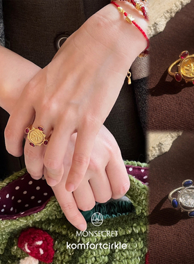 MONSECRET 翻转古币戒指红色宝石镶嵌复古轻奢日常可戴简约指环女