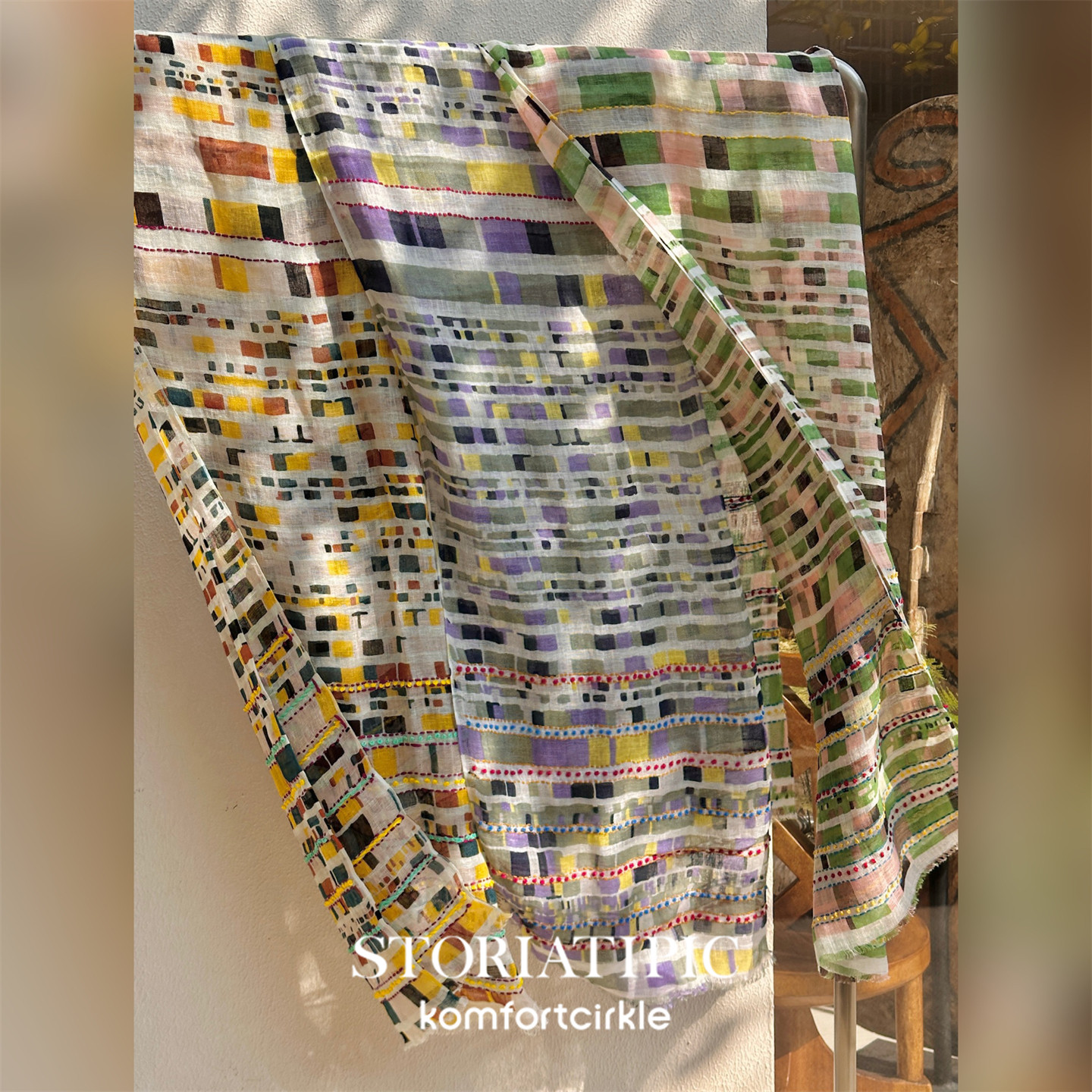 STORIATIPIC 80*190Bea马赛克款手工刺绣亚麻披肩大围巾丝巾