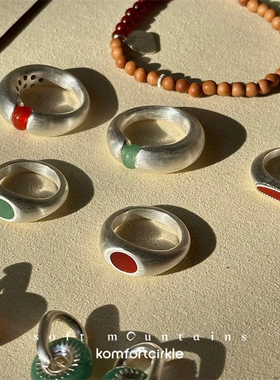 特价soft mountains软山 蛇年红玛瑙东陵玉戒指纯银手工原创指环