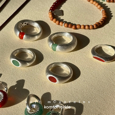 特价soft mountains软山 蛇年红玛瑙东陵玉戒指纯银手工原创指环