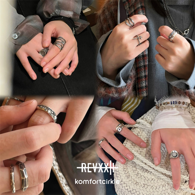 REVXXII 流动裂痕镶钻组合戒不规则切面印章指环做旧银饰复古质感