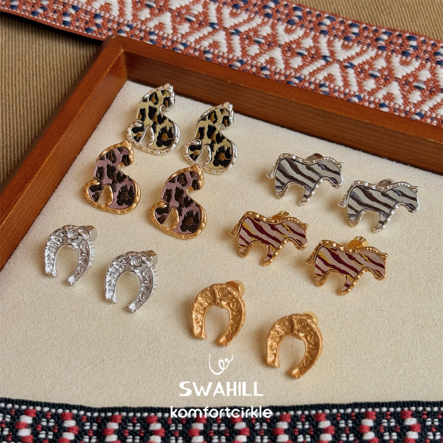 自留推荐 SWAHILL斯瓦山丘 豹子斑马刺绣马蹄雕花耳钉复古个性