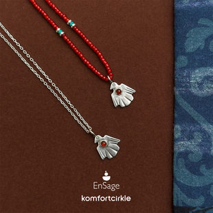 ENSAGE/APT702 游牧雷灵925银吊坠项链 雷鸟红色琉璃珠串珠毛衣链