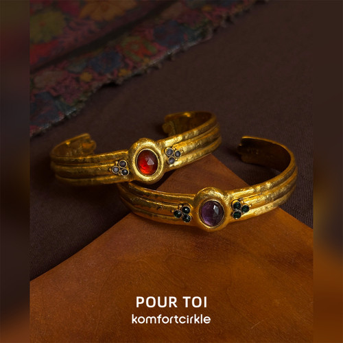 POUR TOI LAAWBR26011镶石开口手镯 法式复古手工做旧质感手环