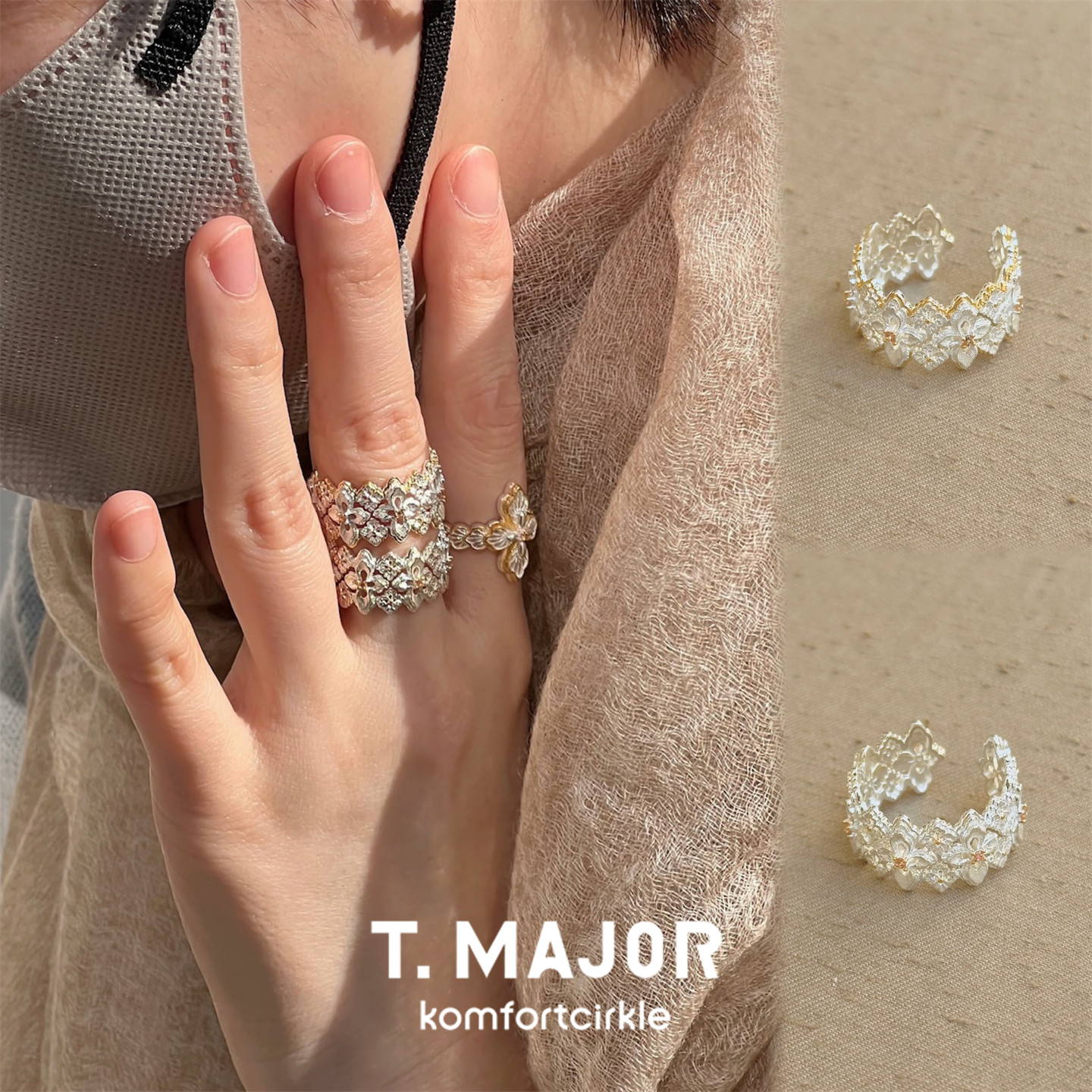 T.MAJOR Corolla鎏金花冠镂空双色开口戒指宽版可调节指环叠搭图片