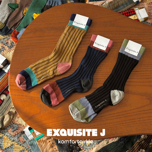 自留推荐 Exquisite J 意大利品牌 CA67拼色拼接条纹中筒袜子
