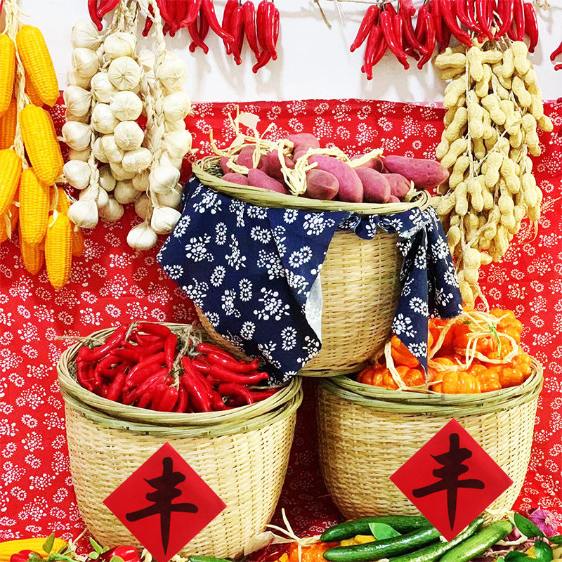 农家乐装修蔬菜摆放竹筐超市海鲜水产超市陈列篮土特产店展示竹编