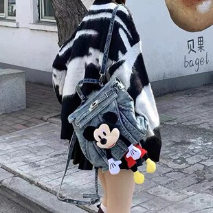 恶搞公仔米奇做旧丹宁水洗牛仔双肩包小众复古凯莉日常通勤背包女