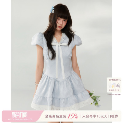 ECHOSTA“海盐轨迹”甜美蓝色提花花纹蕾丝边系带泡泡袖连衣裙